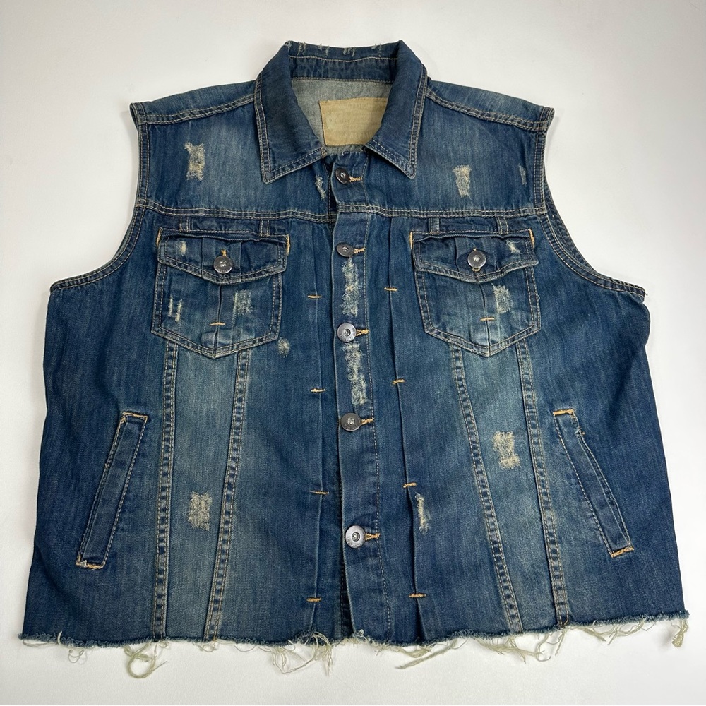 Escapism ESPM Salvaged Denim Trucker Vest Distressed Dark Wash Womens Size XL